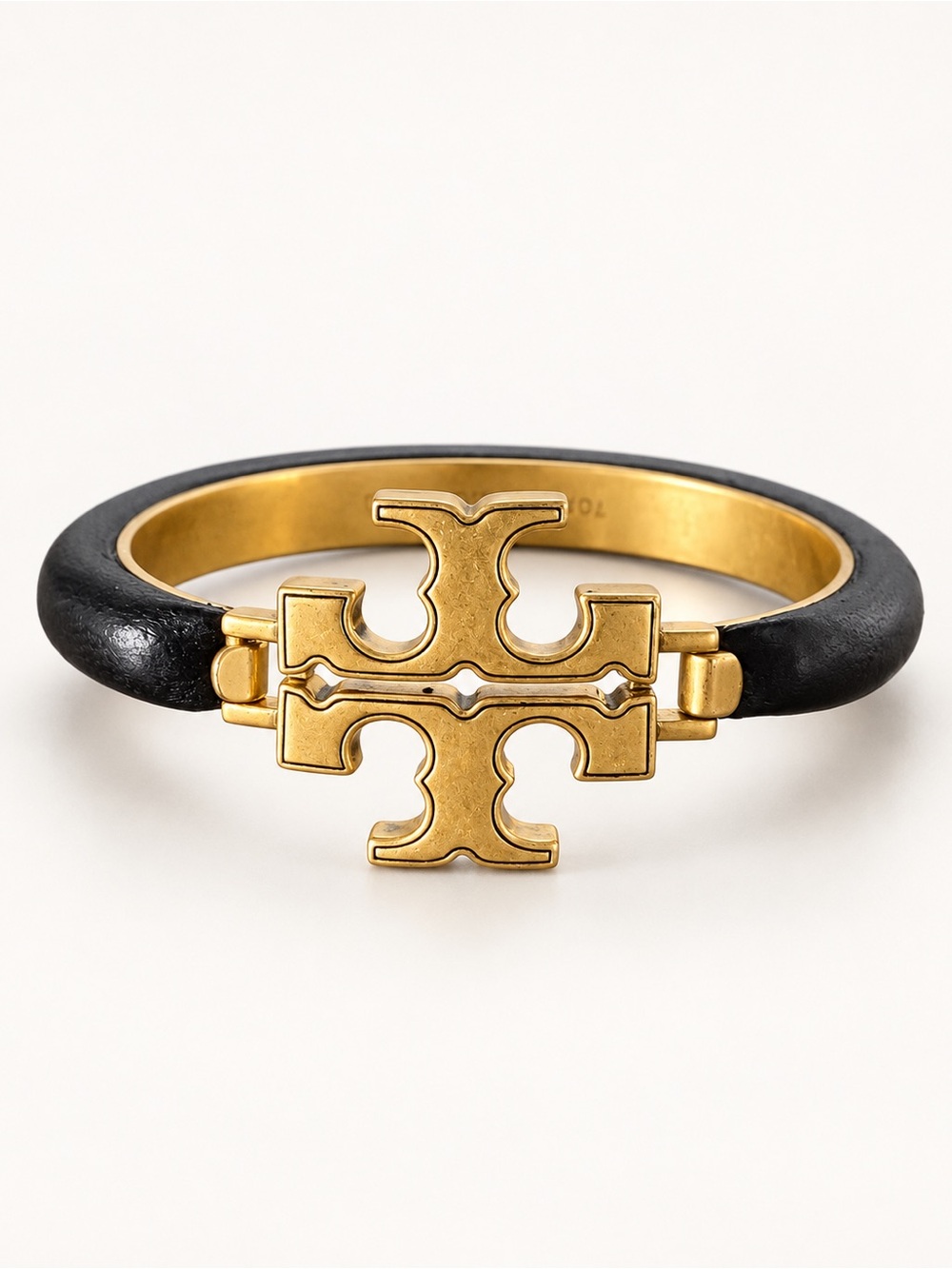 Tory Burch Black Leather Inlay Logo Hinged Bangle Bracelet